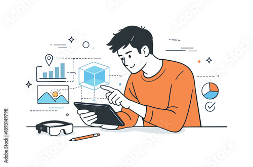 Exploring AR Interface. Virtual reality and augmented reality. A designer testing an AR interface on a tablet, focused posture and precise gestures. The