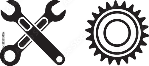 Two black wrenches crossed with a black gear on a white background spanner tool