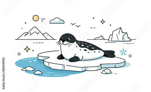 Seal on Arctic Ice. Arctic wildlife and survival in cold environments. A seal resting on ice near open water, calm and alert in a harsh landscape.
