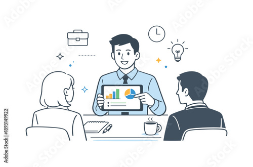 Professional Interview Presentation. Job interview presentation. Candidate explaining experience with simple charts on a tablet. Clear communication and