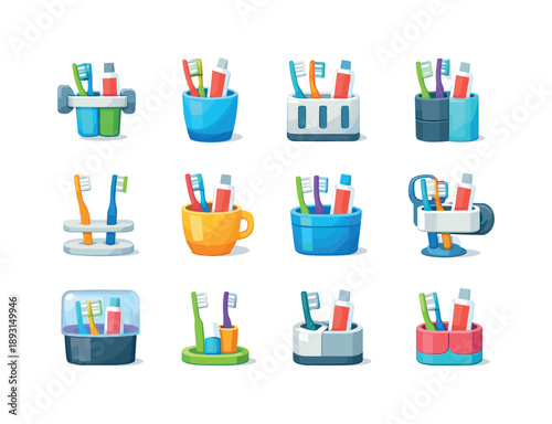 Colorful Toothbrush Holder Icons. ToothbrushHolder. Colorful flat vector icons set of ToothbrushHolder: wall-mounted holder, countertop cup, toothbrush slots,