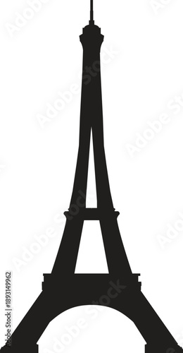Eiffel Tower silhouette vector icon featuring a bold black shape of the Parisian monument isolated on white for travel logos, souvenir merchandise, and France themed graphic designs.