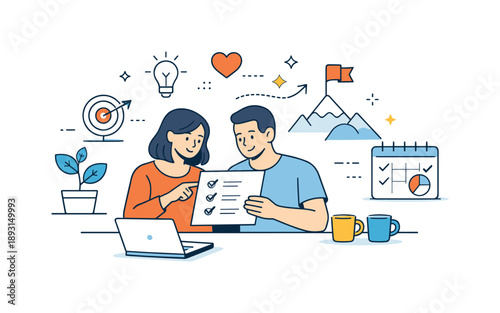 Collaborative Relationship Goals. Mutual growth and development in long-term relationships ? shared goals. Partners reviewing plans or milestones together,