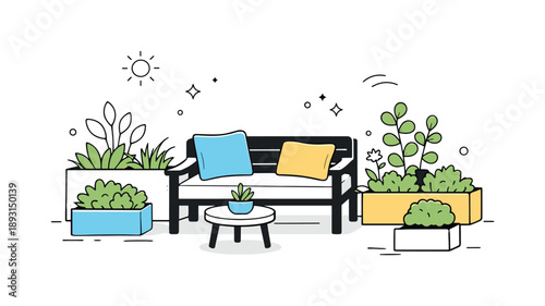 Tranquil Garden Oasis. Building a garden space with a seating area and planters for relaxation. A cozy outdoor corner with a bench, cushions, and neatly