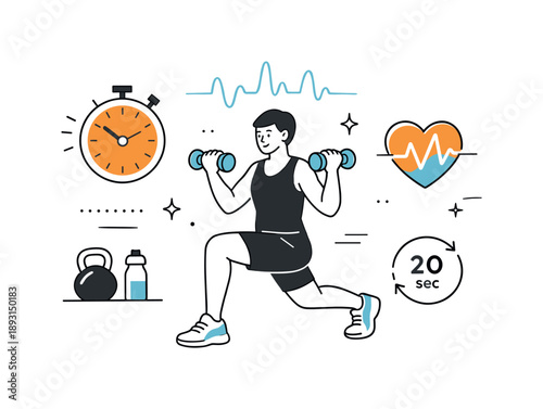 HIIT Workout Illustration. Strength and endurance interval workout. A person lifts light weights during a HIIT circuit, switching exercises quickly. Calm