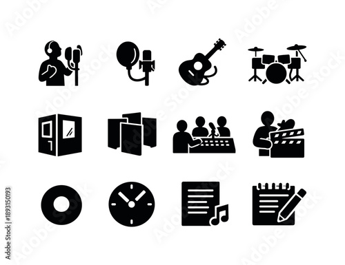 Studio Recording Icons. Studio recording session. Solid icon set of Studio recording session: singer performing, microphone pop filter, guitar recording, drum