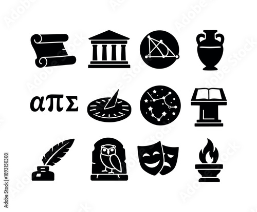 Ancient Greek Icon Set. Ancient Greek knowledge. Solid icon set of Ancient Greek knowledge: philosophy scroll, academy building, geometry diagram, amphora