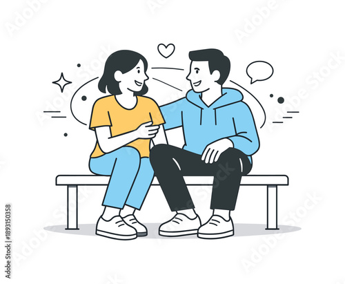 Friendly Bench Chat. Physical proximity. Two friends sitting closely on a bench, chatting and smiling with subtle abstract lines showing connection. Calm,
