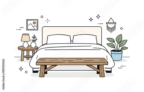 Rustic Bedroom Simplicity. Bedroom interior with rustic bench. A wooden bench stands at the foot of a neatly made bed, emphasizing natural materials and