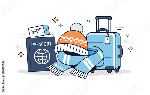 Winter Travel Essentials. Cold season travel objects. Passport, airplane ticket, winter hat, scarf, and suitcase grouped together, symbolizing international