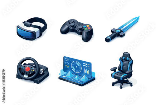 VR Gaming Icons. VR Gaming. Isometric flat vector icons set of VR gaming: VR helmet with visor, game controller, virtual sword weapon, racing wheel simulator,