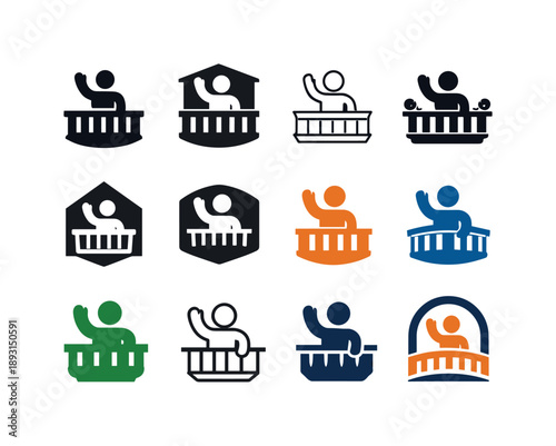 Balcony Wave Icons. Waving from a balcony. Icon set. Set Logo of Waving from a balcony: upper-floor hello. harmonious logo variations of the same emblematic