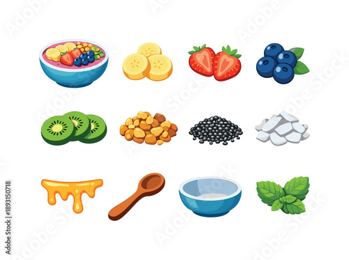 Smoothie Bowl Icons. Smoothie bowl. Colorful flat vector icons set of smoothie bowl: smoothie bowl, banana slices, strawberry halves, blueberry cluster, kiwi