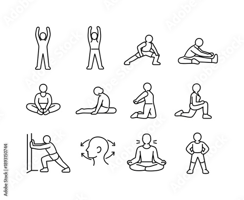 Stretching Exercise Icons. Stretching exercises. Line icon set of Stretching exercises: full body stretch, overhead reach, side lunge stretch, seated hamstring