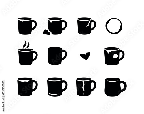 Chipped Mug Icons. Chipped Mug. Solid icon set of chipped mug: cracked mug rim, broken ceramic chip, handle fracture, coffee stain ring, steam wisp, mug