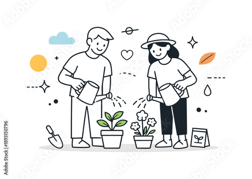 Collaborative Gardening Scene. Gardening together. People standing side by side watering plants, gentle collaboration and shared responsibility, abstract