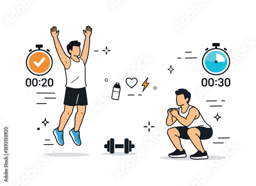 Dynamic Workout Illustration. High-intensity interval training session. A person jumps and squats between exercises, switching quickly from cardio to strength
