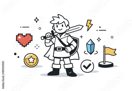 Minimalist Gaming Hero. Fan art gaming scene. A simplified hero inspired by video games stands confidently with abstract power symbols nearby. Creativity,
