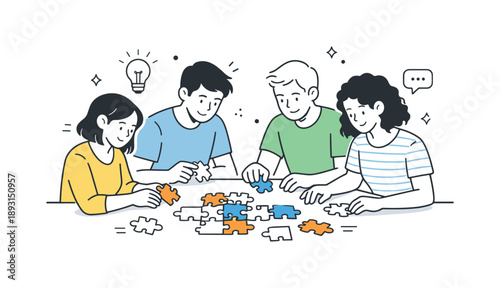 Puzzle Teamwork. Friends building puzzle together. Group of friends sitting around a table assembling puzzle pieces, focused faces and calm cooperation. Shared