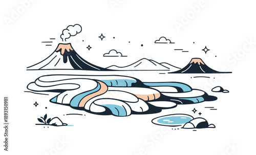 Rhythmic Volcanic Patterns. Volcanic landscapes and geological formations. Lava flows frozen into smooth shapes, creating rhythmic patterns across the land.