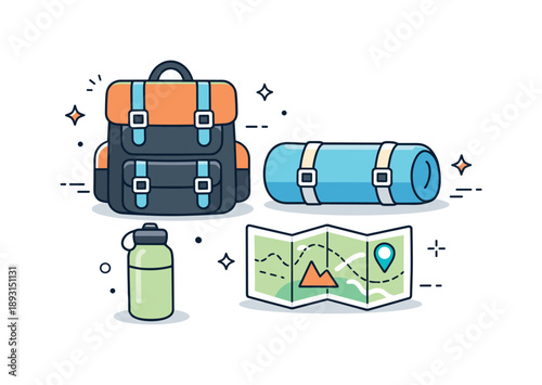 Camping Gear Essentials. Camping gear essentials. A neat arrangement of backpack, sleeping bag, water bottle and map laid out on the ground.
