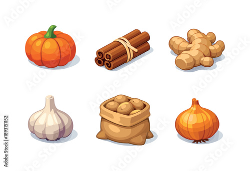 Winter Ingredients Grid. Winter Food Ingredients. Isometric flat vector icons set of winter food ingredients: pumpkin, cinnamon sticks bundle, ginger root,