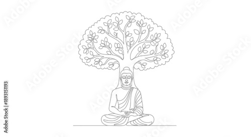 Buddha Sitting Meditatively Under Tree Illustration.