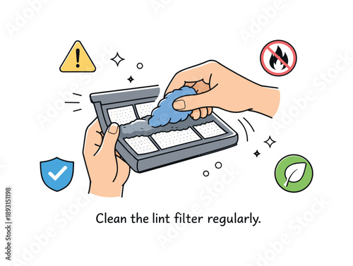 Lint Filter Care. Preventing dryer issues. Hands removing lint from a filter with small warning and safety icons subtly nearby. The scene suggests care,