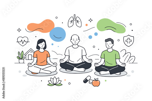 Meditative Wellness Retreat. Mindfulness and meditation. Participants meditating in a calm retreat setting with abstract calming shapes floating around. Focus