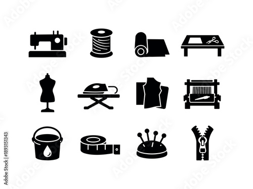Textile Factory Icons. Textile factory. Solid icon set of textile factory: sewing machine, thread spool, fabric roll, cutting table, mannequin, ironing