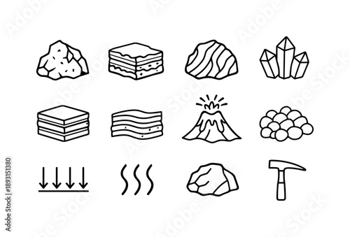 Rock Icon Set. Rock Types. Line icon set of Rock Types: igneous rock, sedimentary rock, metamorphic rock, crystal structure, layered rock, foliated texture,
