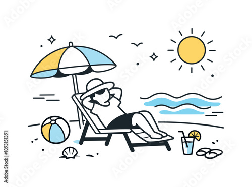 Seaside Serenity Scene. Beach vacation illustration. A relaxed seaside scene with a person resting on a beach chair under an umbrella, ocean waves and sun