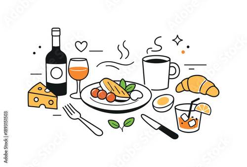 Culinary Lifestyle Artistry. Food & drink lifestyle concept. An abstract editorial composition combining various foods, drinks, and utensils to represent