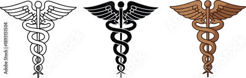 Flat vector caduceus symbol set, medical icon, healthcare emblem, serpent staff, wings, black white brown design, clinical graphic illustration