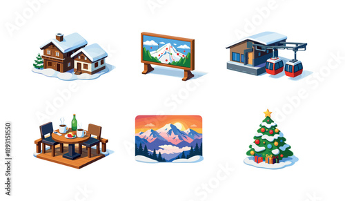 Alpine Holiday Icons. Alpine Holiday. Isometric flat vector icons set of Alpine Holiday: snow-covered village houses, ski resort map board, cable car station,