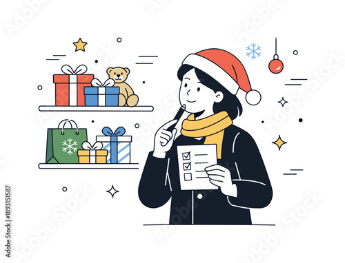 Minimalist Holiday Shopping. Festive holiday shopping. Browsing gifts on shelves and checking a simple list, focused and thoughtful consumer choice. Clean