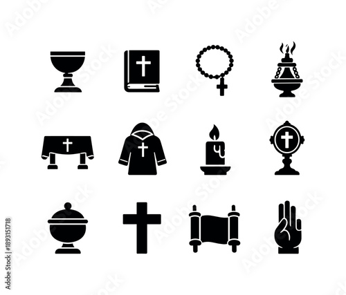 Religious Artifacts Icons. Religious artifacts. Solid icon set of Religious artifacts: holy chalice, sacred book, rosary beads, incense burner, altar table,
