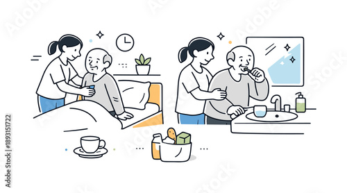 Home Elderly Care. Caregiving for elderly at home. Caregiver helping an older person with simple daily tasks. Warm atmosphere and gentle assistance in a