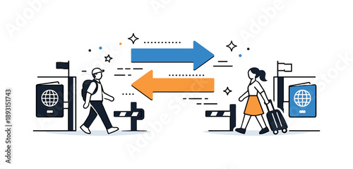 Abstract Border Crossing. Border crossings. An abstract editorial scene with gates, arrows, and passport icons guiding movement from one side to another. The