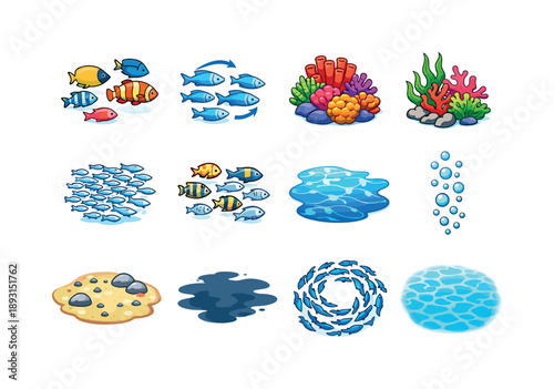 Underwater Fish Icons. Underwater Fish Groups. Colorful isometric vector icons set of Underwater Fish Groups: mixed fish types, group flow arrows, coral heads,