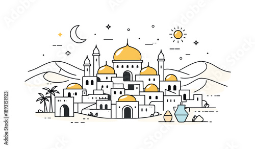 Fabled Desert Oasis. Fabled desert city. Golden domes, narrow streets, and abstract sand dunes surrounding the city. Calm adventurous and mythical feeling in a