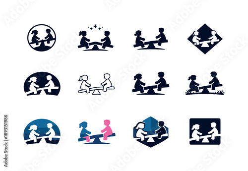Siblings Seesaw Logo Grid. Siblings playing. Icon set. Set Logo of siblings playing: children laughing on a seesaw. harmonious logo variations of the same