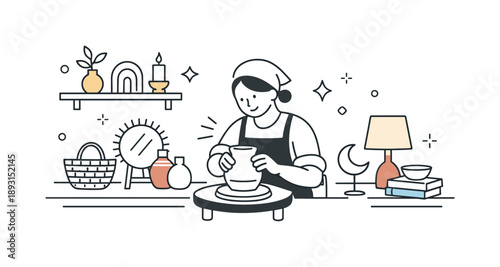 Artisanal Pottery Workshop. Artisanal home decor items craftsmanship. A calm workshop scene with a maker shaping pottery and finished decor pieces nearby,