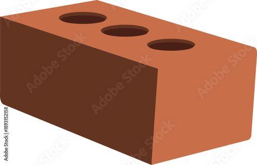 Red clay brick vector illustration featuring a 3D isometric building block with three holes isolated on white for construction company logos, masonry branding, and architectural design elements