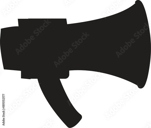 Black megaphone silhouette vector icon featuring a classic bullhorn shape isolated on white for announcement graphics, protest posters, marketing promotion, and public speaking designs.
