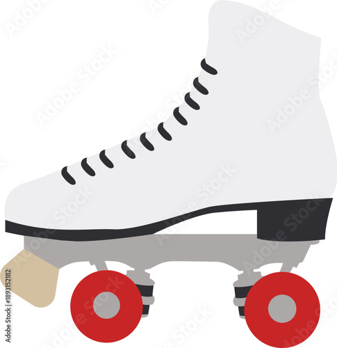 Retro white roller skate vector illustration featuring a quad boot with red wheels isolated on white for 70s disco themes, roller derby logos, and recreational sport graphic designs.