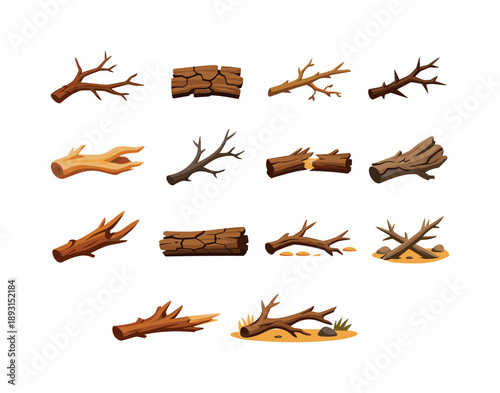 Dry Branches Icons. Dry Branches. Colorful flat vector icons set of Dry Branches: dead branch, cracked bark, brittle twig, thorn branch, desert wood, leafless