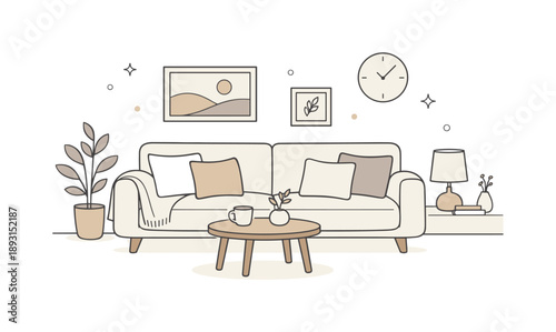 Minimalist Living Room. Neutral color home decor. A calm living room scene with a minimalist sofa, soft pillows, and a small table, expressing comfort,