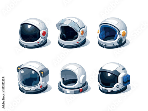Astronaut Gear Icons. Astronaut Gear. Isometric flat vector icons set of Astronaut Gear: full astronaut helmet, detachable visor helmet, padded interior