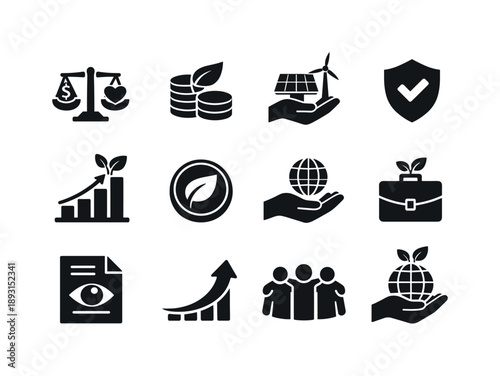 Ethical Investing Icons. Ethical investing. Solid icon set of ethical investing: moral finance scale, leaf money, clean energy investment, trust shield,